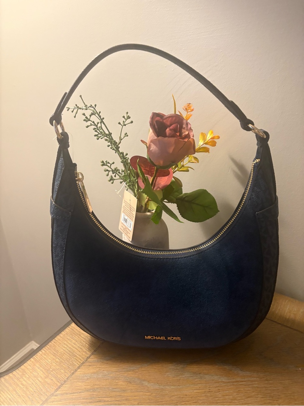 Michael Kors Navy Suede Crescent Shoulder Bag with Gold Hardware